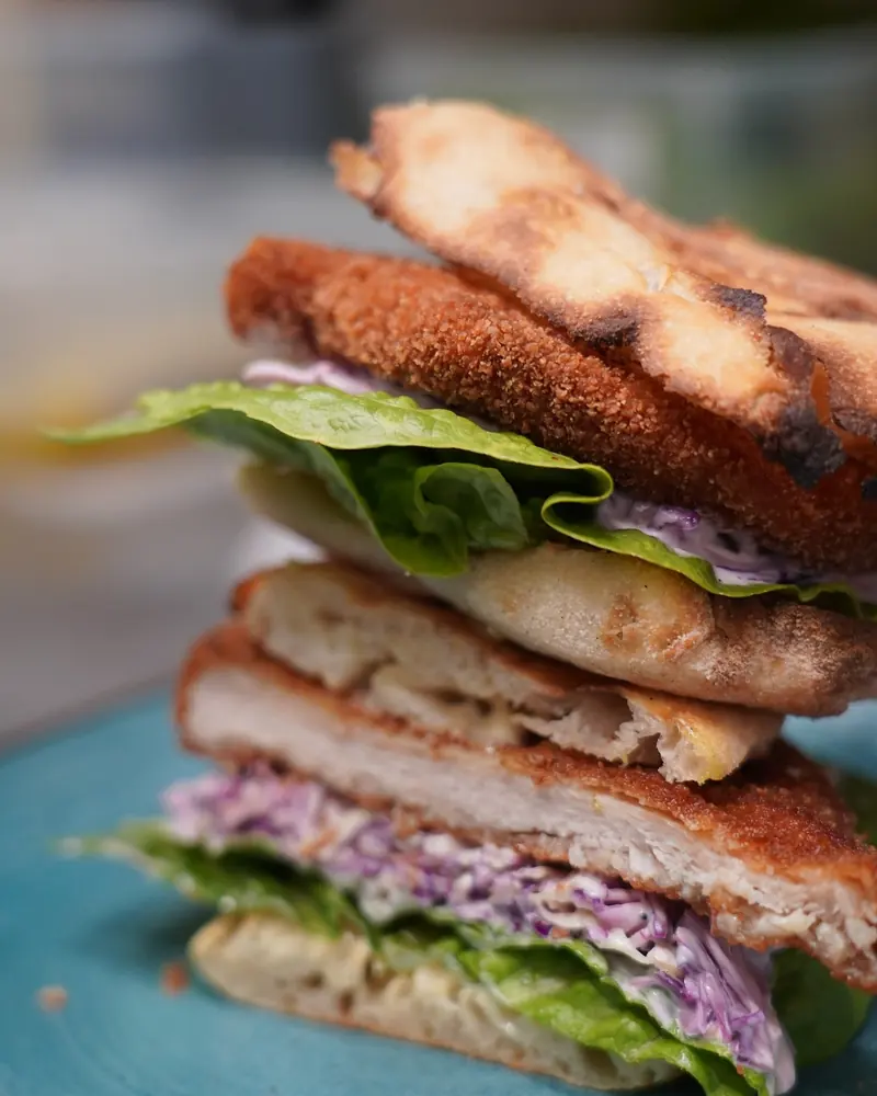 A stacked toasted sandwich